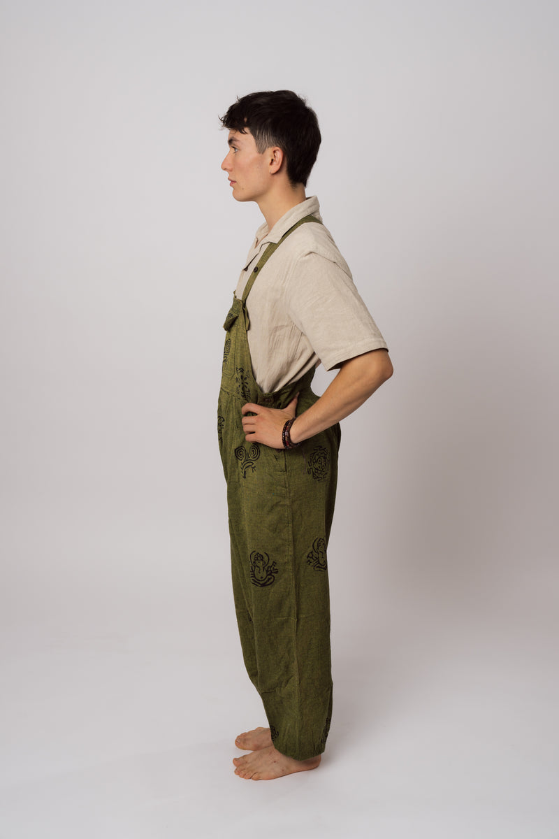 Handmade green Nepalese overalls side view on model