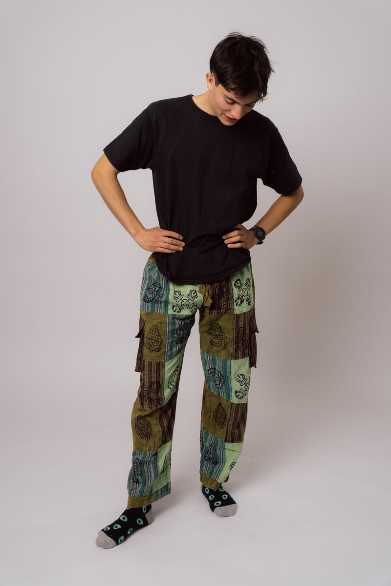 Boho green patchwork pants modelled in relaxed fit