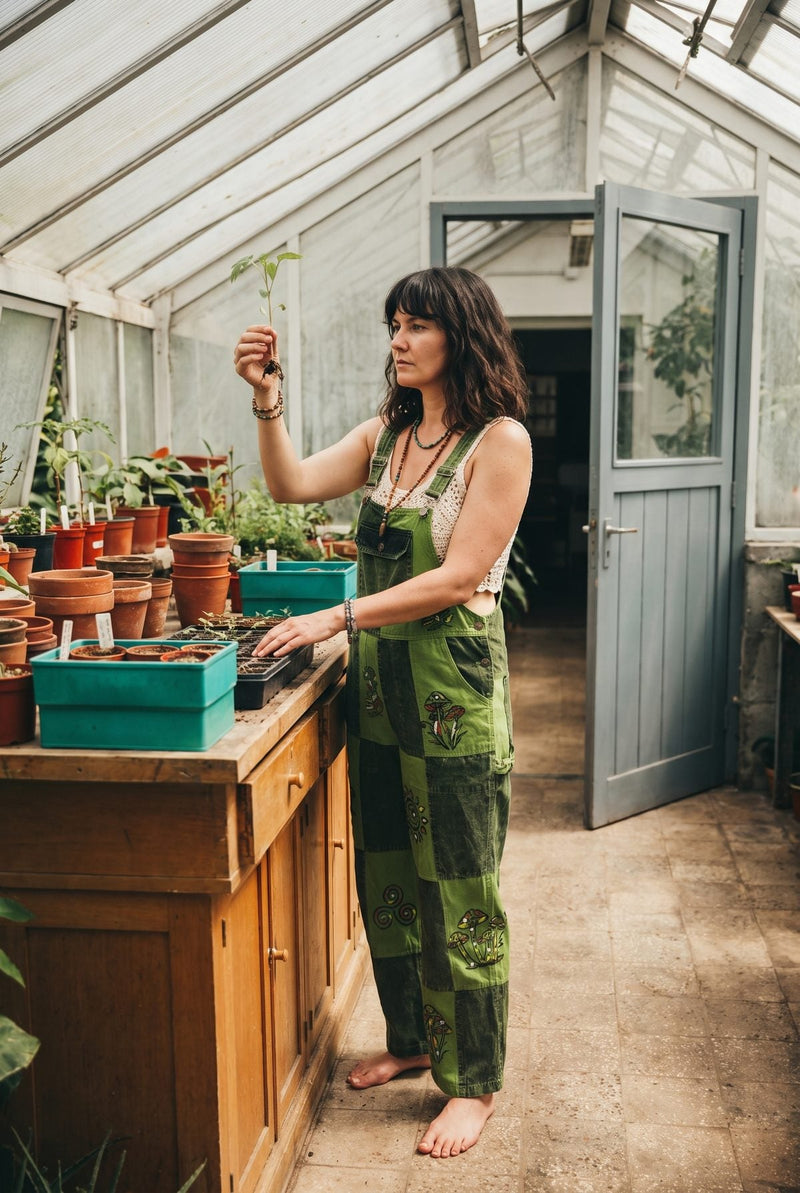 Sungrove Overalls front-on, lime and forest-green patchwork with mushroom, triple spiral and floral motifs.