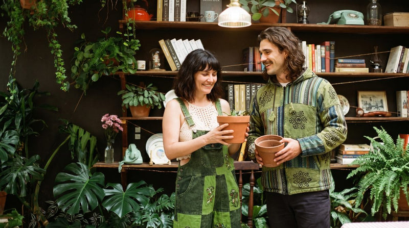 Sungrove Overalls in a tighter crop, two-tone green patch squares with mushroom and floral prints.