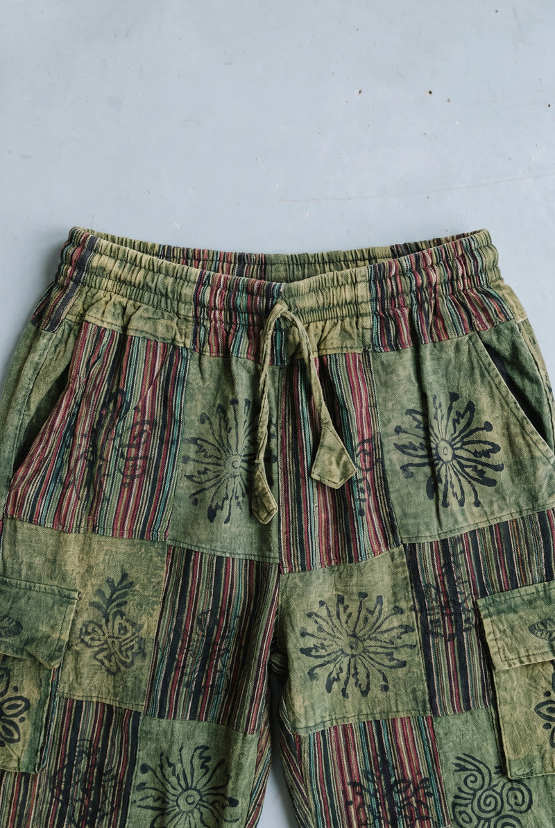 Close-up detail of the Mossline Patchwork Pants, block print and stitching