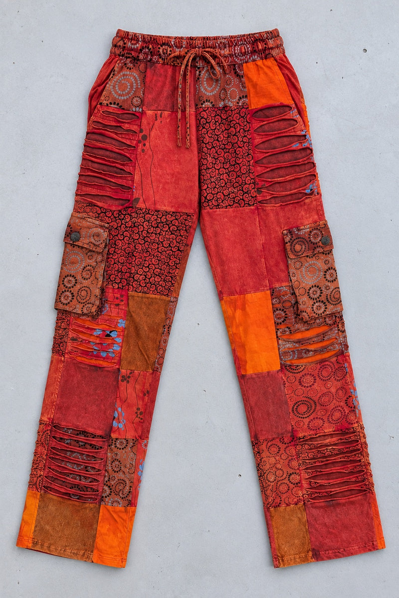 The Red Razor Patchwork Pants laid flat, full front view