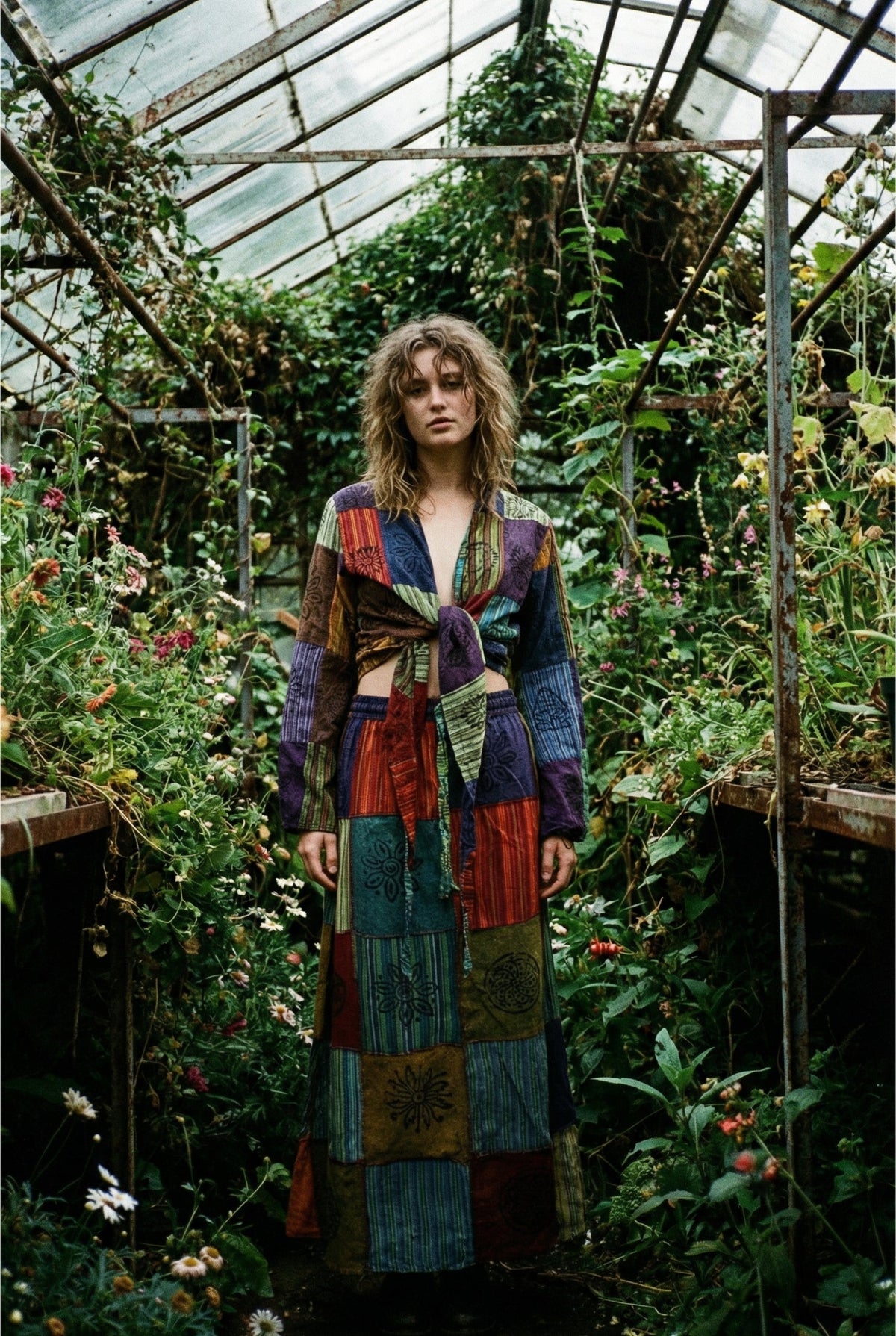 Model wearing the Wildwood Wrap and Wildwood Patch Skirt in a greenhouse.