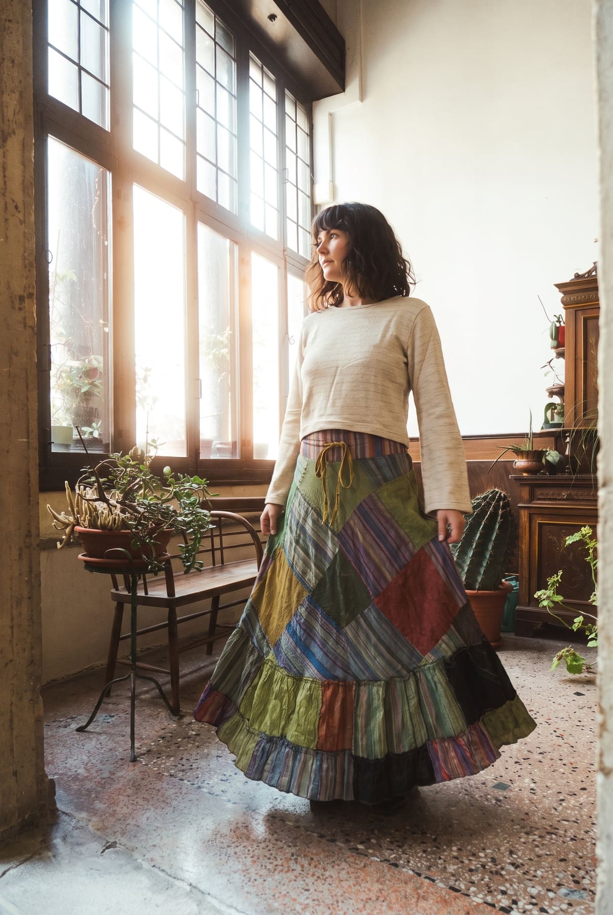 The Understorey winter drop, handmade in Nepal, model in a layering set by a sunlit window