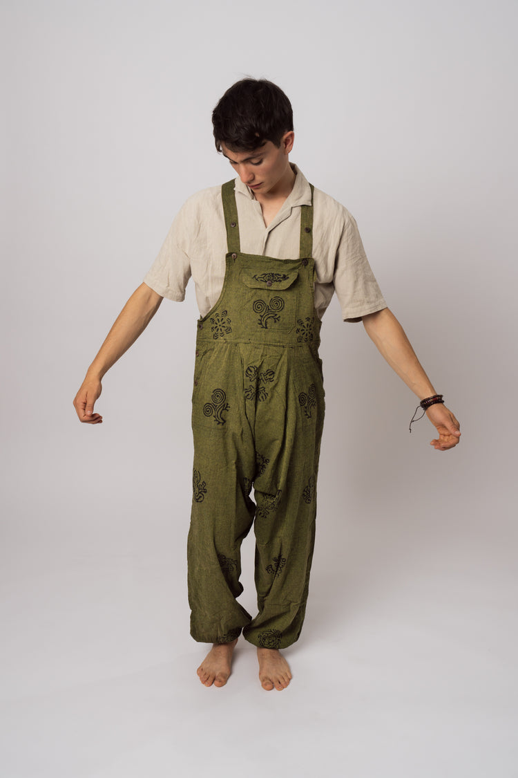 Handmade green Nepalese overalls front view