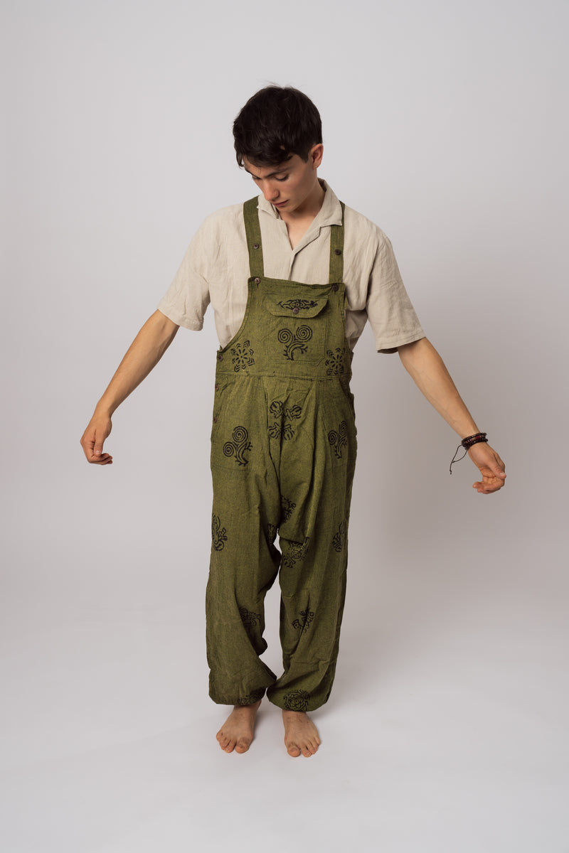 Handmade green Nepalese overalls front view