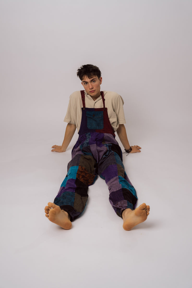Handmade amethyst overalls worn on model showing full length