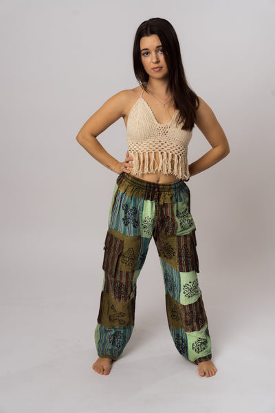 Green patchwork cotton pants front view