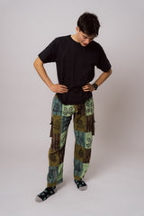 Boho green patchwork pants modelled in relaxed fit