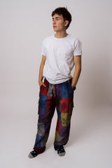 Patchwork pants in red blue and purple front view