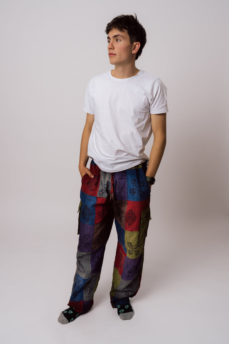 Patchwork pants in red blue and purple front view