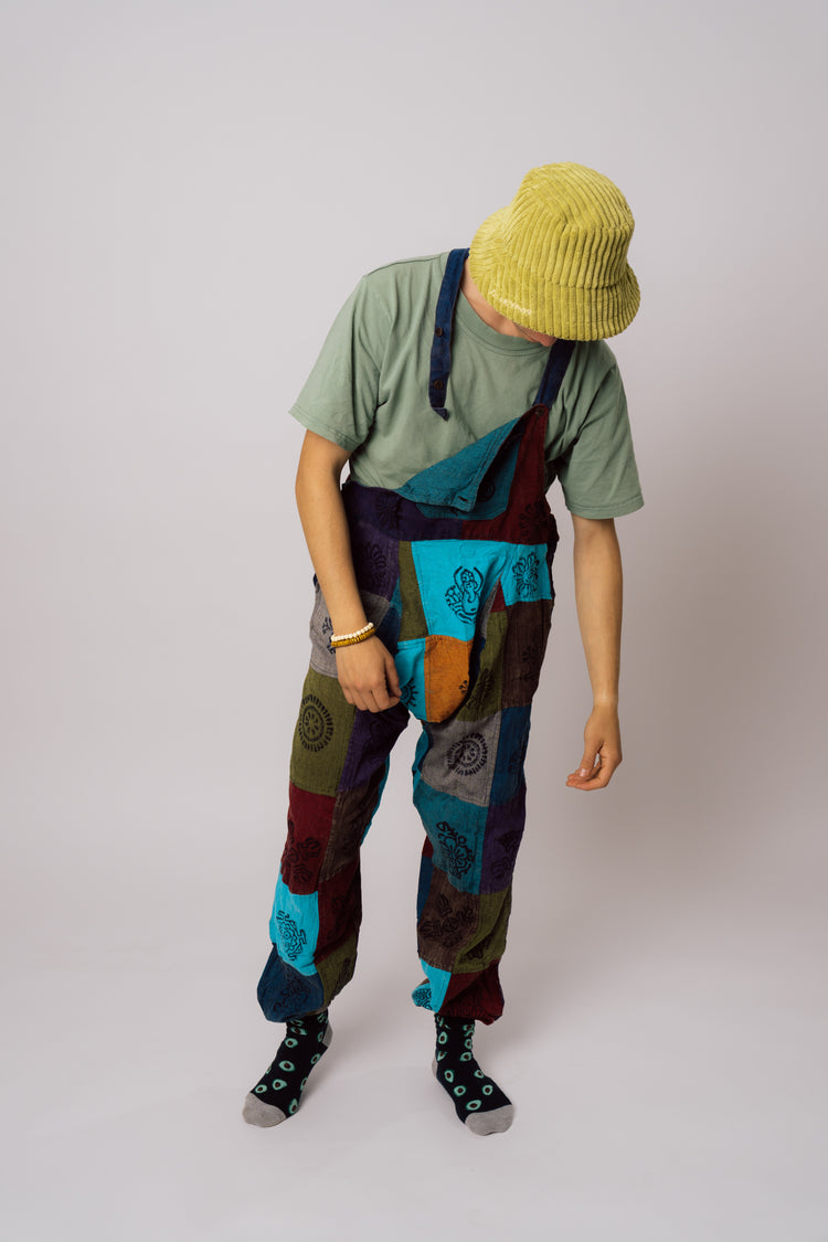 Patchwork overalls on male model