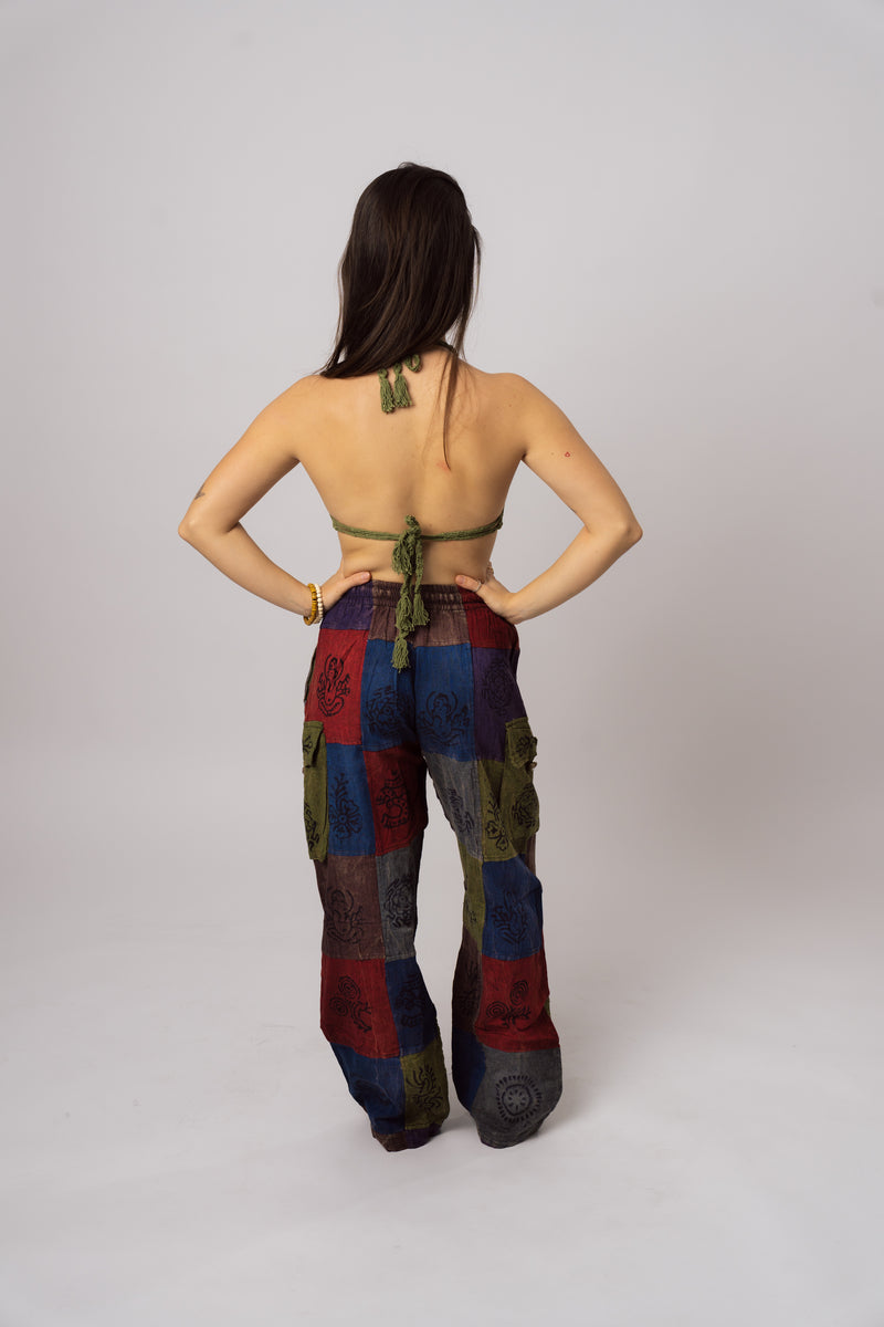 Boho patchwork pants on model showing relaxed fit