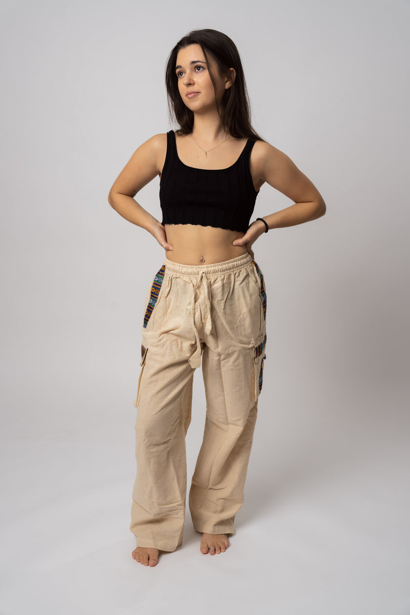 Beige hippie pants on female model