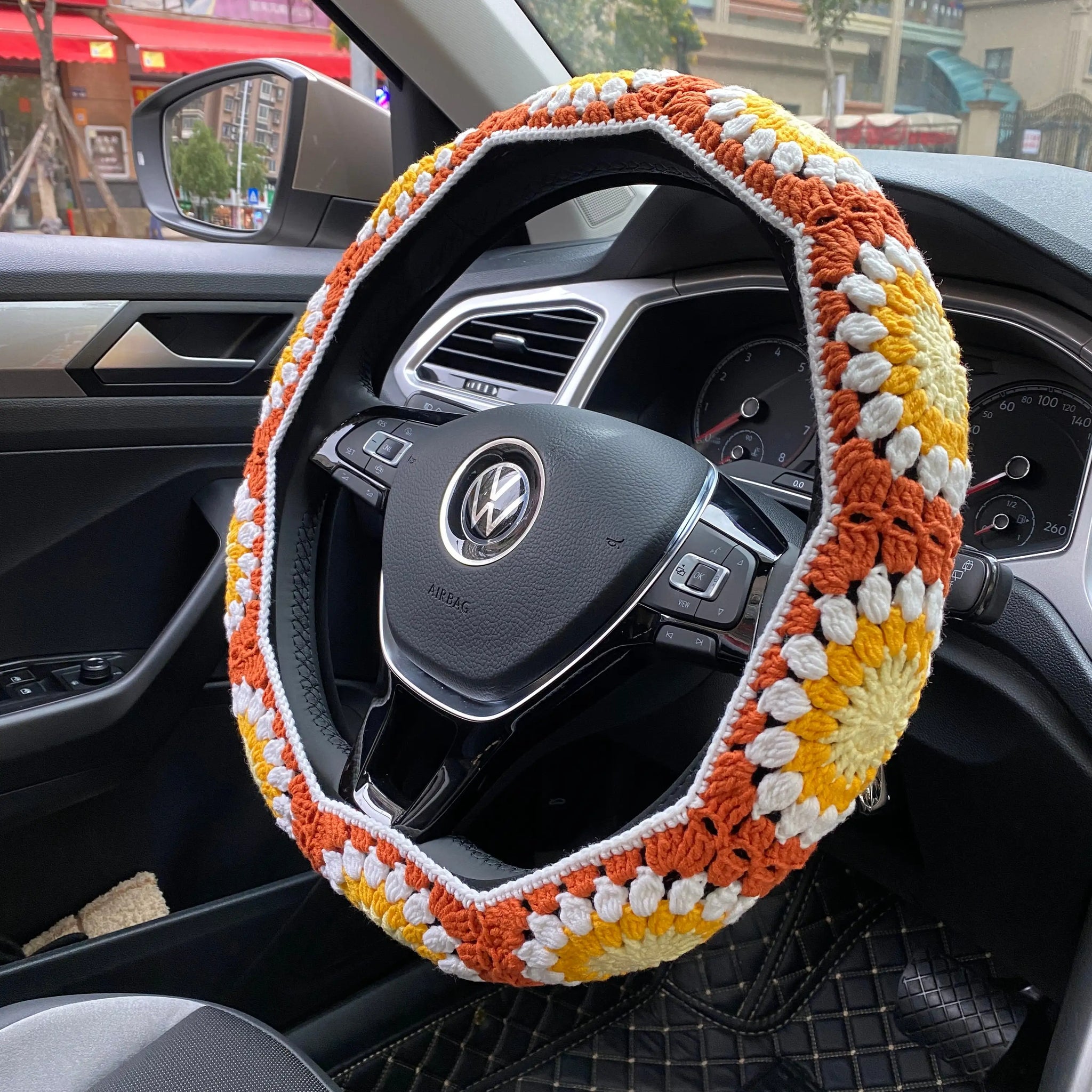 Orange Sunflower Crochet Steering Wheel Cover