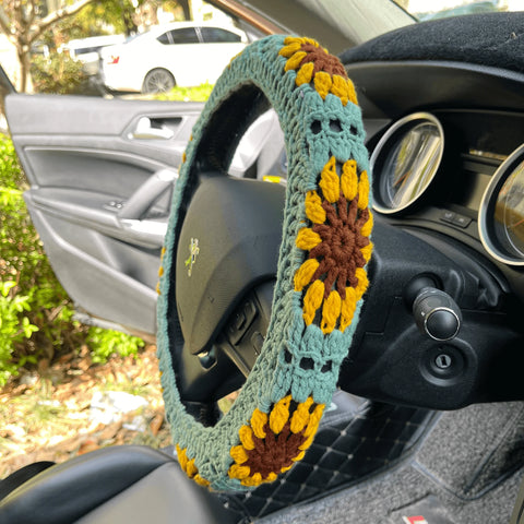 Blue Sunflower Crochet Steering Wheel Cover
