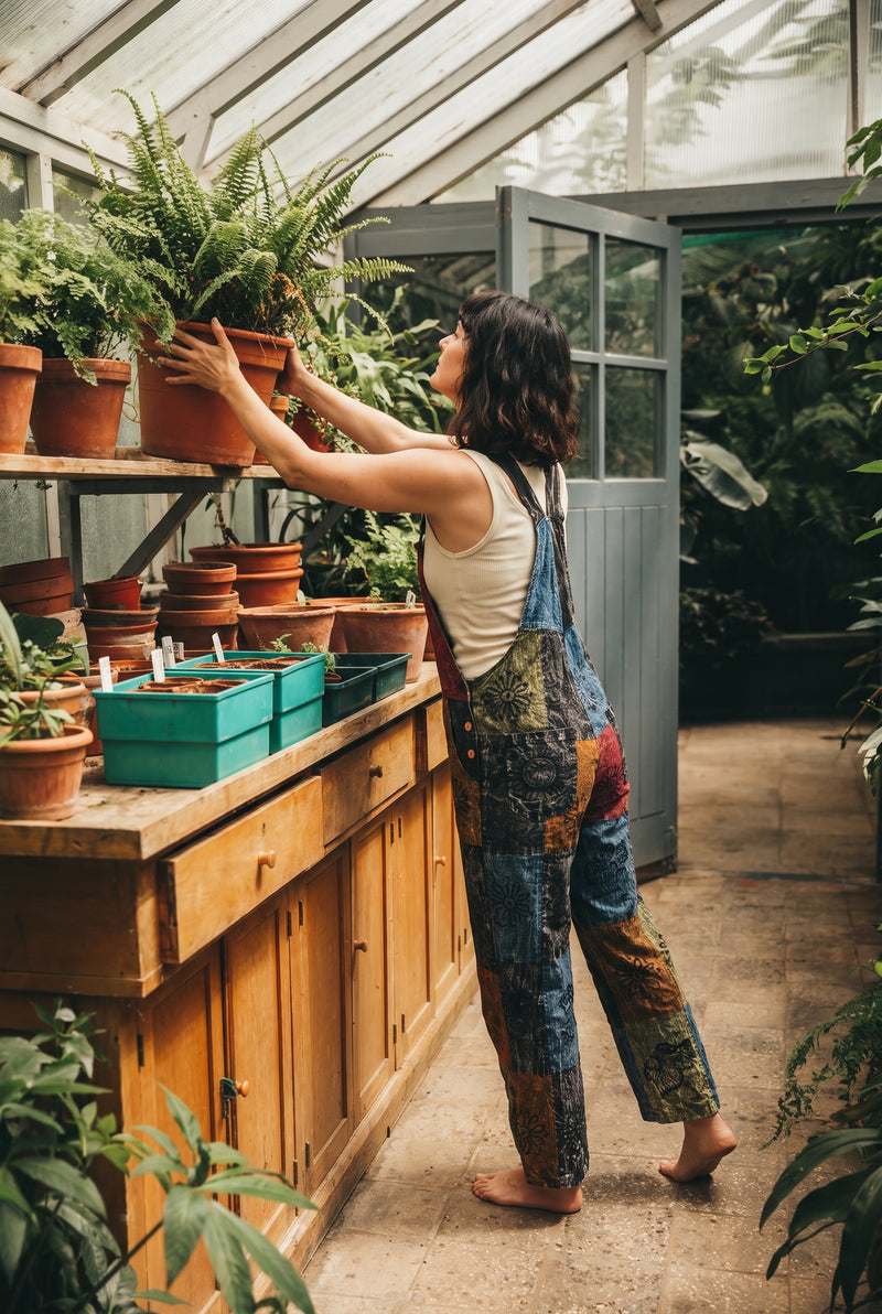 Ana wearing the Emberfield Overalls, plant room