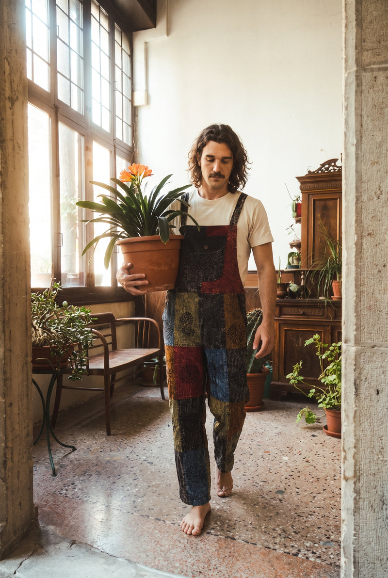 Reed wearing the Emberfield Overalls, plant room