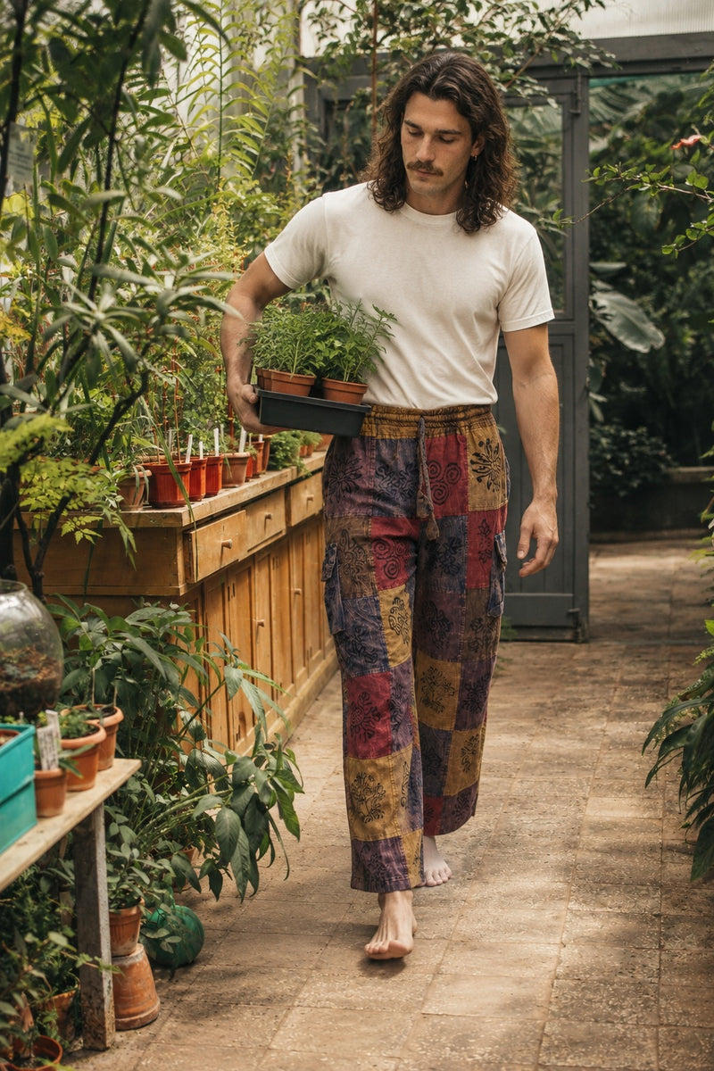 Reed wearing the Emberglow Patchwork Pants, lifestyle