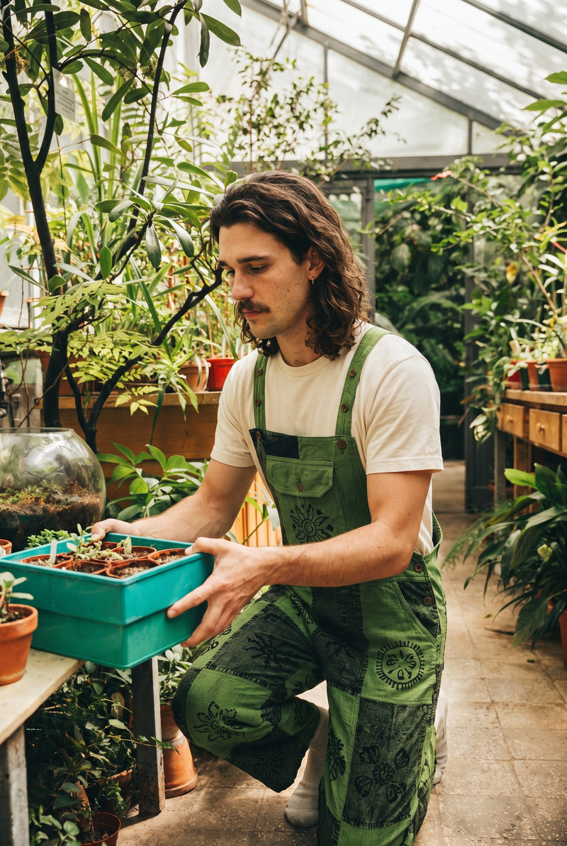 Reed wearing the Fernbrook Overalls, plant room