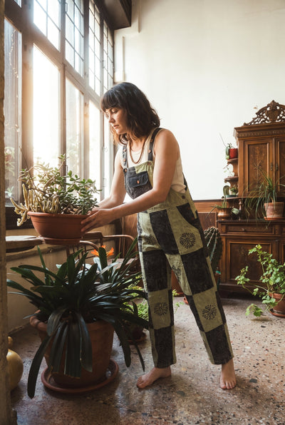 Ana wearing the Mosslight Overalls, plant room #coll:womens-overalls #coll:womens-bottoms-pants #coll:boho-womens-clothing