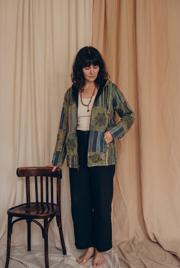 Ana wearing the Green Horizon Patchwork Jacket, studio