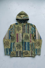 The Green Horizon Patchwork Jacket laid flat, full front view
