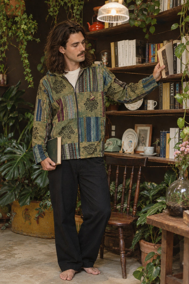 Reed wearing the Green Horizon Patchwork Jacket, lifestyle
