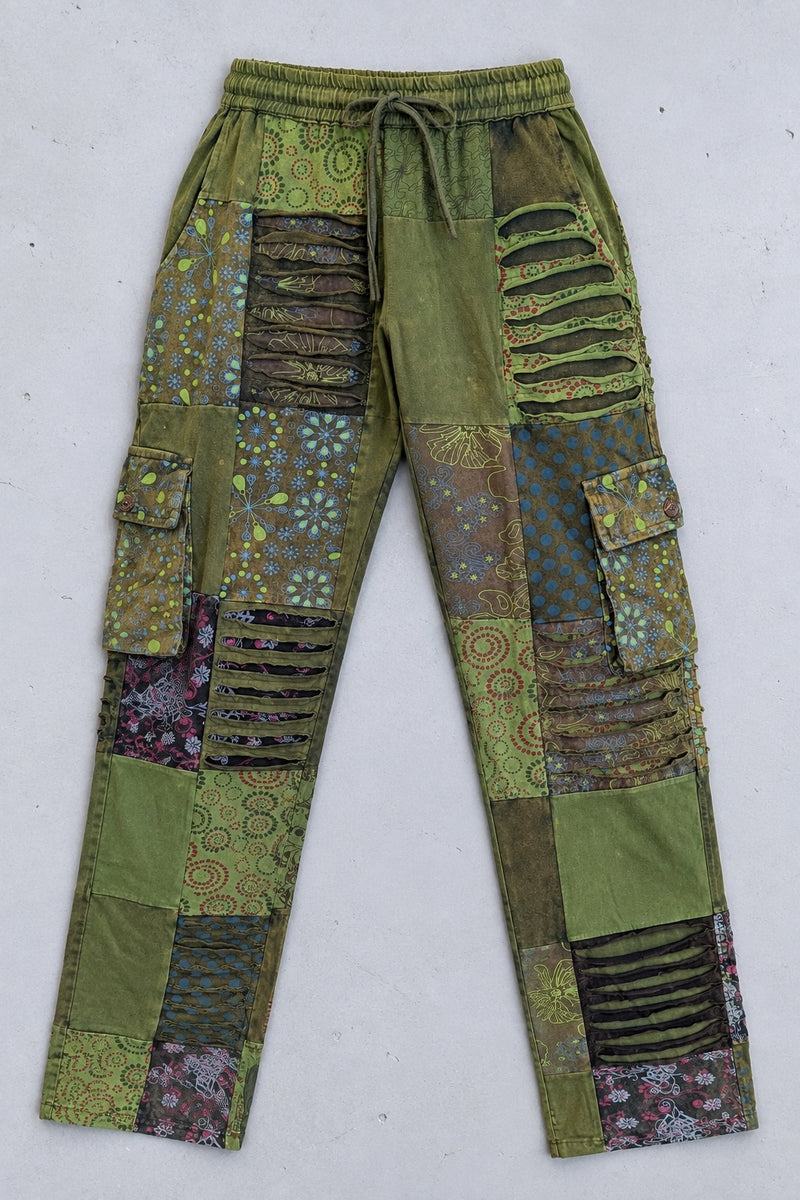 The Green Razor Patchwork Pants laid flat, full front view