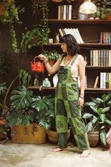 Sungrove Overalls front-on over a crochet crop, mushroom, triple spiral and sunburst prints on the legs.