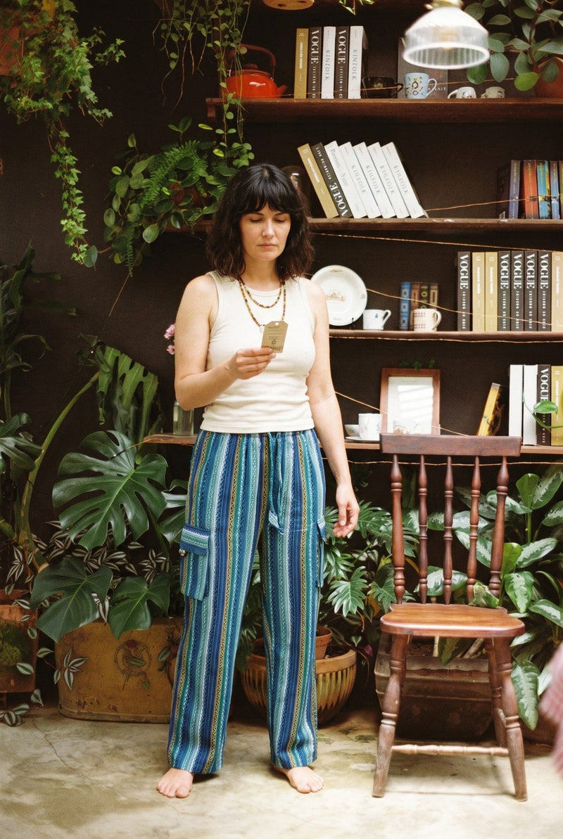 Riverstone Gheri Cargo Pants front-on, full length, blue and teal gheri stripe with both patch pockets.