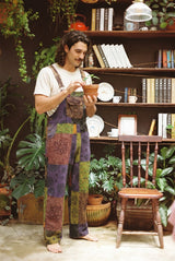 Duskwood Overalls front-on, earthy patchwork panels with mandala, floral and paisley block prints.