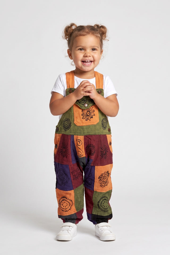 Kids Patchwork Dungarees: front three-quarter view
