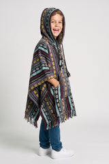 Kids Enchanted Forest Poncho — hood up, three-quarter view