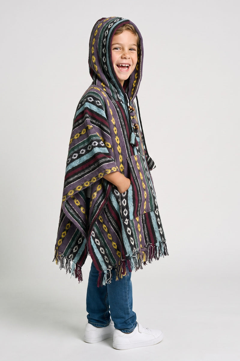 Kids Enchanted Forest Poncho — hood up, three-quarter view