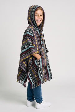 Kids Enchanted Forest Poncho — hood up, three-quarter view