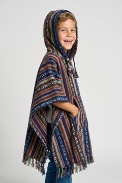 Kids Earthy Poncho — hood up, three-quarter view