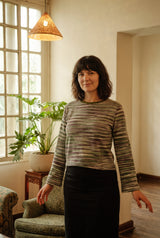 The Lichen Knit Top in Moss — boxy cropped body and bell cuffs, space-dyed texture.