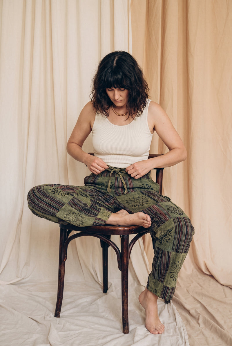 Ana wearing the Mossline Patchwork Pants, studio