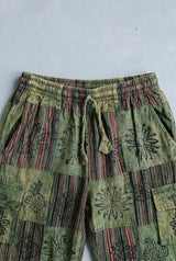 Close-up detail of the Mossline Patchwork Pants, block print and stitching