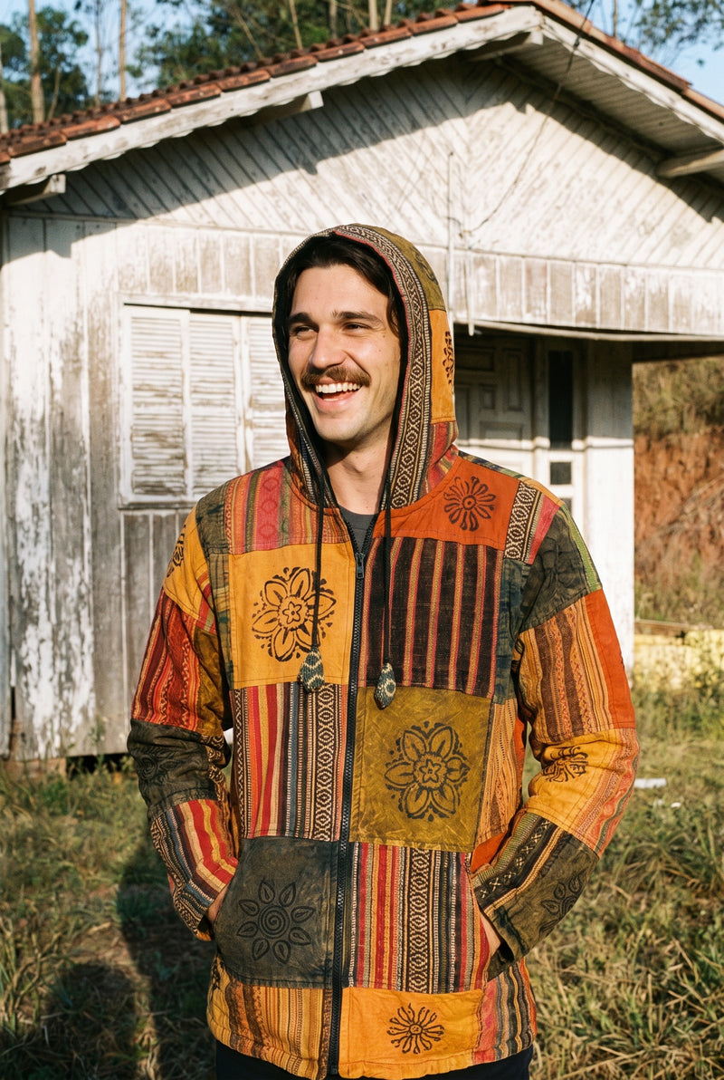 Orange Horizon Patchwork Jacket — hood up, detail