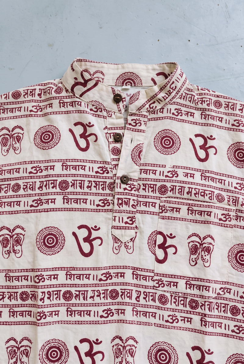 Close-up detail of the OM Nepalese Shirt, block print and stitching
