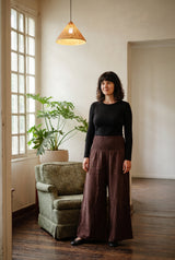 Peatfield Wide-Leg Pants in Cocoa — full palazzo width and floor-length drape with the deep shirred waistband.