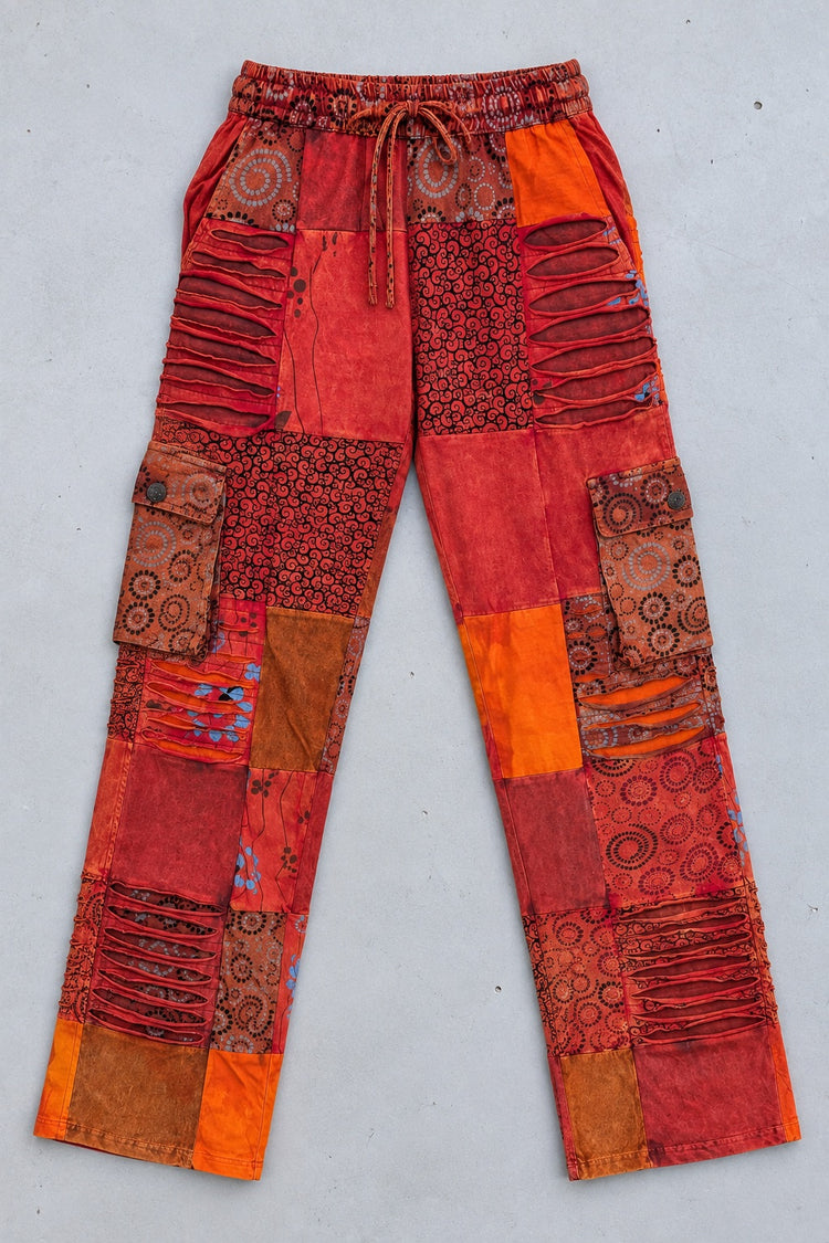 The Red Razor Patchwork Pants laid flat, full front view