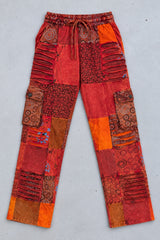 The Red Razor Patchwork Pants laid flat, full front view
