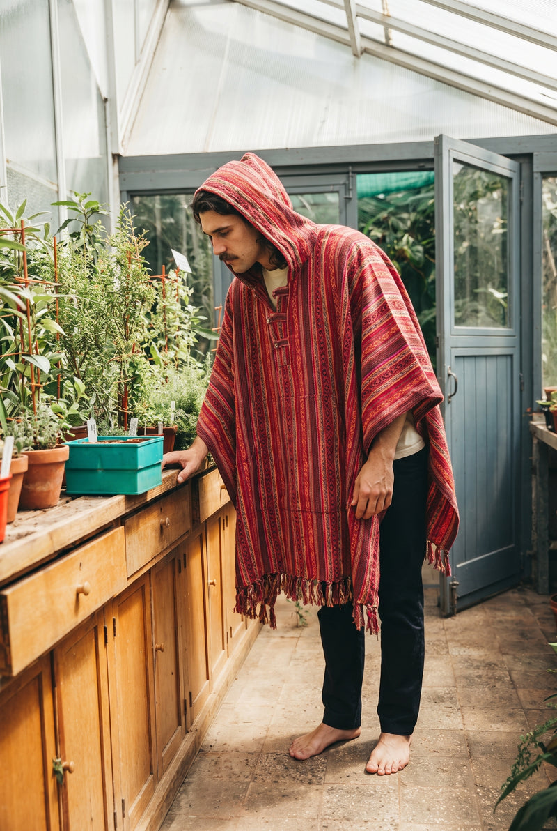 Reed wearing the Rosewood Gheri Poncho, plant room