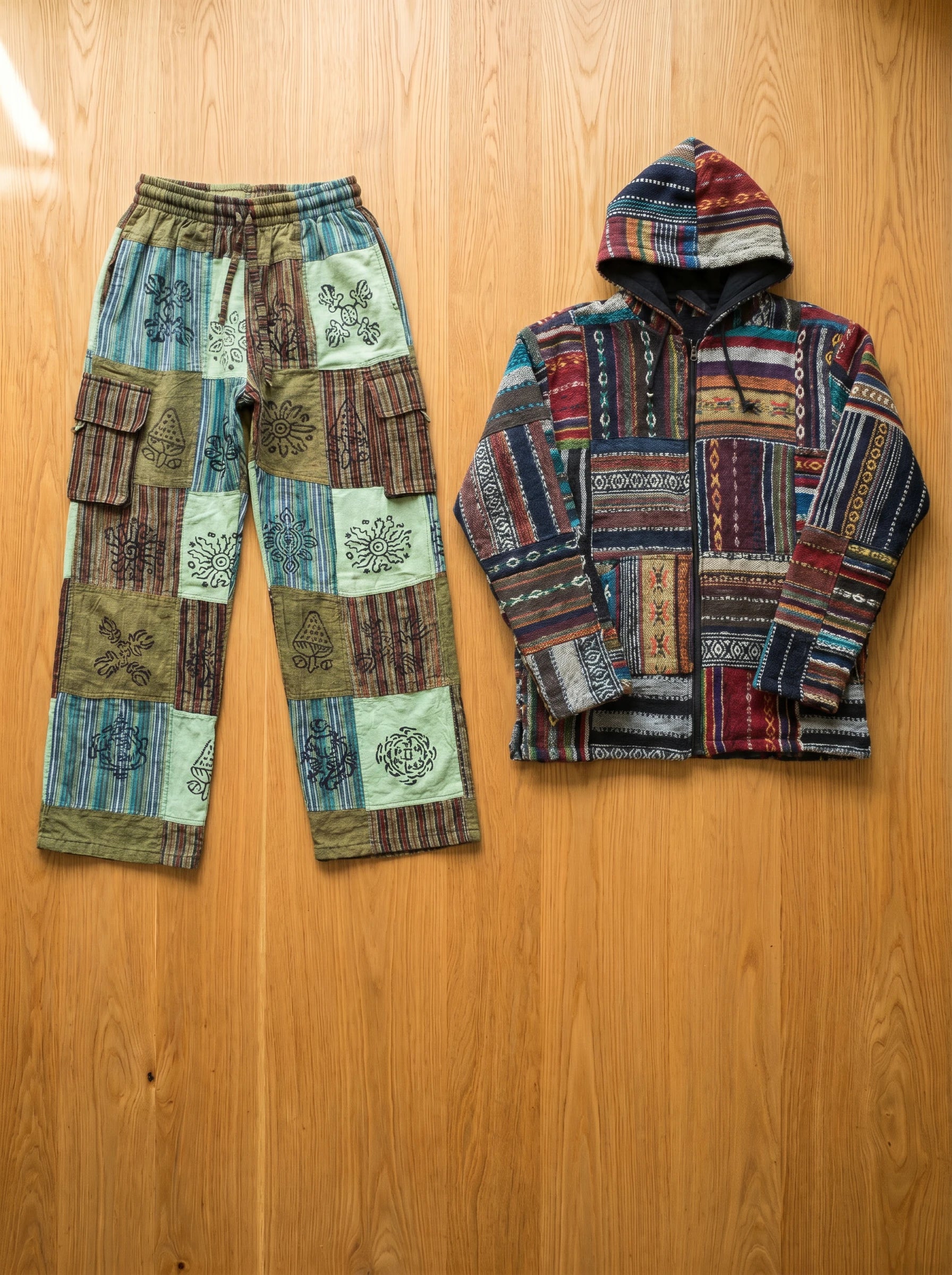 Two handmade Hippie Hut pieces laid flat on a timber table: green patchwork cargo pants and a hooded Nepalese patchwork jacket