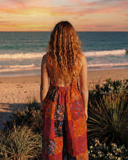 Overalls worn on location: beach at sunset, market, meadow